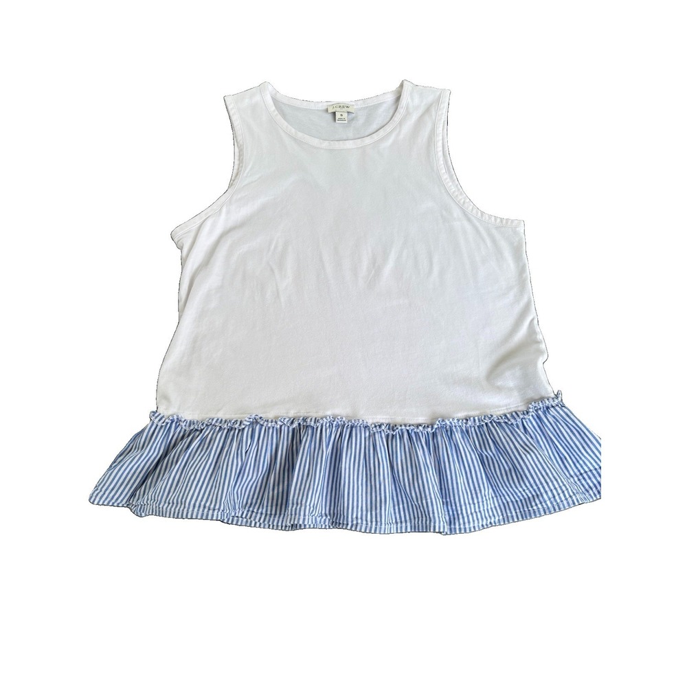 J CREW Womens White Tank with Blue Striped Ruffle Trim Size Small Summer Preppy